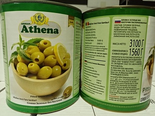 Оливки зеленые без косточки, "ATHENA", 3,1/1,56кг